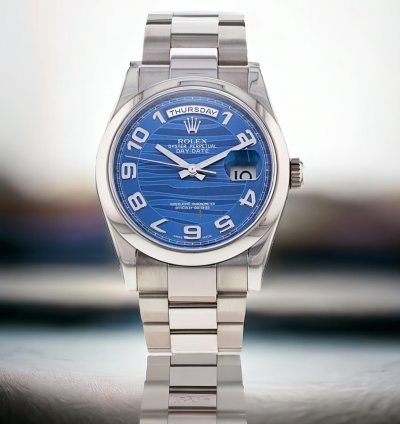 Rolex Day-date 36 Ref 118209 18k White Gold Rare Blue Wave Dial New Rolex Service Guarantee