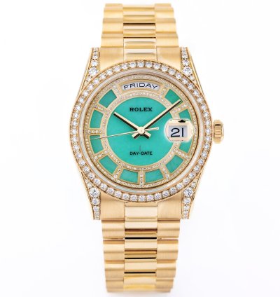 Rolex Day-date 36 Ref 118388 Carousel Green Jade Dial Diamond Dial Bezel And Shoulders 18k Yellow Gold