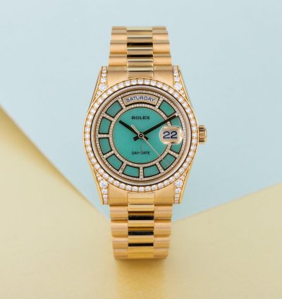 Rolex Day-date 36 Ref 118388 Carousel Green Jade Dial Diamond Dial Bezel And Shoulders 18k Yellow Gold