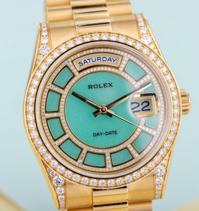 Rolex Day-date 36 Ref 118388 Carousel Green Jade Dial Diamond Dial Bezel And Shoulders 18k Yellow Gold