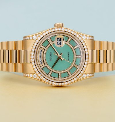 Rolex Day-date 36 Ref 118388 Carousel Green Jade Dial Diamond Dial Bezel And Shoulders 18k Yellow Gold