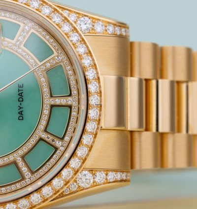 Rolex Day-date 36 Ref 118388 Carousel Green Jade Dial Diamond Dial Bezel And Shoulders 18k Yellow Gold