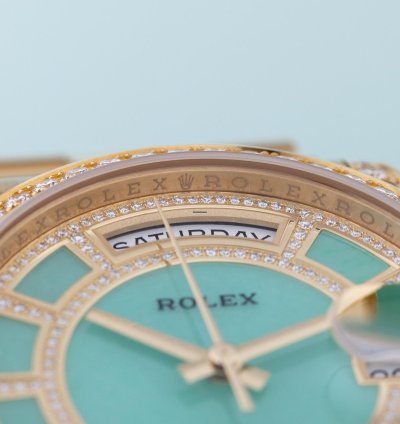 Rolex Day-date 36 Ref 118388 Carousel Green Jade Dial Diamond Dial Bezel And Shoulders 18k Yellow Gold
