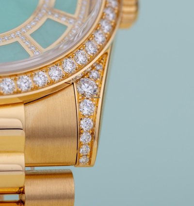 Rolex Day-date 36 Ref 118388 Carousel Green Jade Dial Diamond Dial Bezel And Shoulders 18k Yellow Gold
