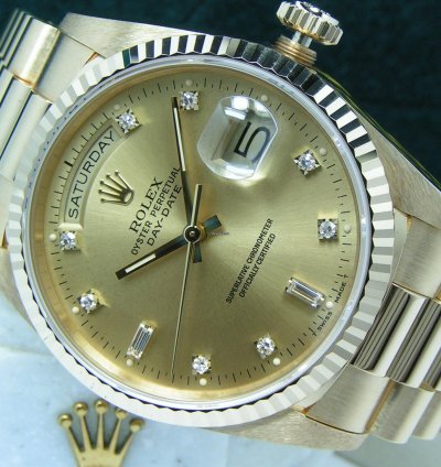 Rolex Day-date 36 Un-worn Boxes Papers Champagne Diamond Dial Fluted Bezel 18238