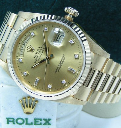 Rolex Day-date 36 Un-worn Boxes Papers Champagne Diamond Dial Fluted Bezel 18238