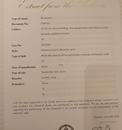Patek Philippe Chronograph 5070j Yellow Gold With Extract Never Polished