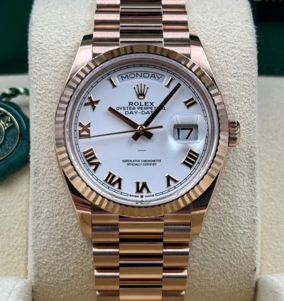Rolex Day-date 36 Unworn Day-date 36mm White Roman Dial Rose Gold Bracelet 128235 Box Papers 2024