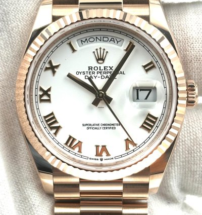 Rolex Day-date 36 Unworn Day-date 36mm White Roman Dial Rose Gold Bracelet 128235 Box Papers 2024