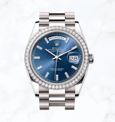 Rolex Day-date 36 White Gold Blue Baguette Dial 128349rbr new Unworn