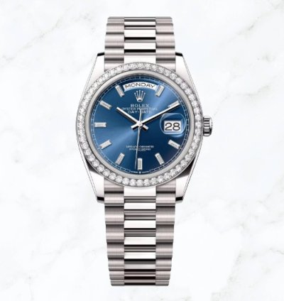 Rolex Day-date 36 White Gold Blue Baguette Dial 128349rbr new Unworn
