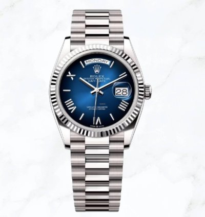 Rolex Day-date 36 White Gold Blue Ombr Roman Dial 128239 new Unworn