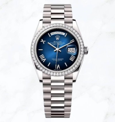Rolex Day-date 36 White Gold Blue Ombr Roman Dial 128349rbr new Unworn