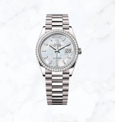 Rolex Day-date 36 White Gold Mother Of Pearl Baguette Dial 128349rbr new Unworn