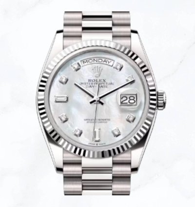 Rolex Day-date 36 White Gold Mother Of Pearl Diamond Dial 128239 new Unworn
