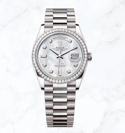 Rolex Day-date 36 White Gold Mother Of Pearl Diamond Dial 128349rbr new Unworn