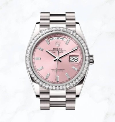 Rolex Day-date 36 White Gold Pink Baguette Dial 128349rbr new Unworn