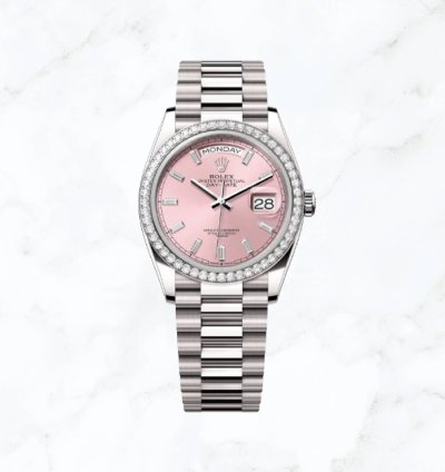 Rolex Day-date 36 White Gold Pink Baguette Dial 128349rbr new Unworn