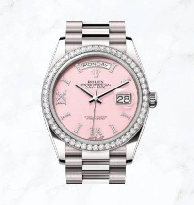 Rolex Day-date 36 White Gold Pink Roman Diamond Dial 128349rbr new Unworn