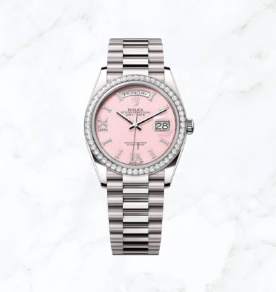 Rolex Day-date 36 White Gold Pink Roman Diamond Dial 128349rbr new Unworn