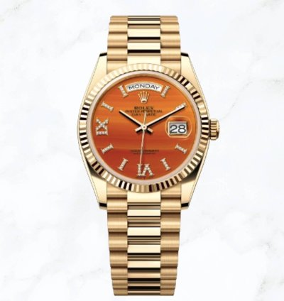 Rolex Day-date 36 Yellow Gold Carnelian Diamond Dial new Unworn