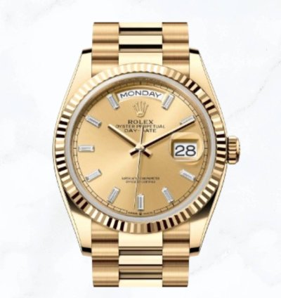 Rolex Day-date 36 Yellow Gold Champagne Baguette Diamond Dial new Unworn