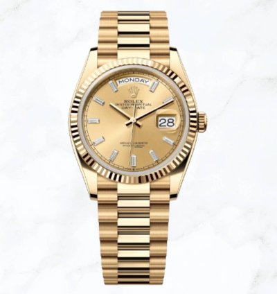 Rolex Day-date 36 Yellow Gold Champagne Baguette Diamond Dial new Unworn