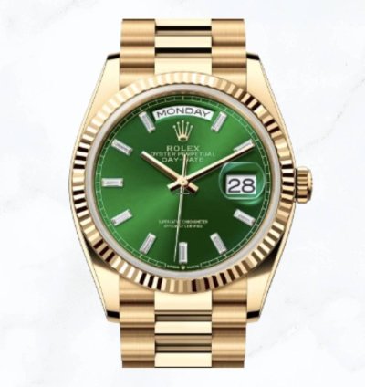 Rolex Day-date 36 Yellow Gold Green Baguette Diamond Dial 128238 new Unworn