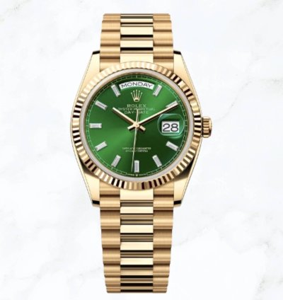 Rolex Day-date 36 Yellow Gold Green Baguette Diamond Dial 128238 new Unworn