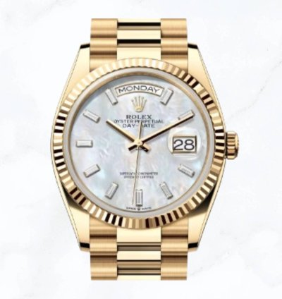 Rolex Day-date 36 Yellow Gold Mother Of Pearl Baguette Diamond Dial 128238 new Unworn