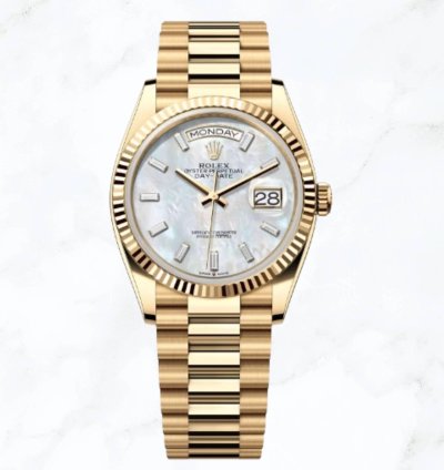 Rolex Day-date 36 Yellow Gold Mother Of Pearl Baguette Diamond Dial 128238 new Unworn