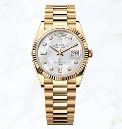 Rolex Day-date 36 Yellow Gold Mother Of Pearl Diamond Dial 128238 new Unworn