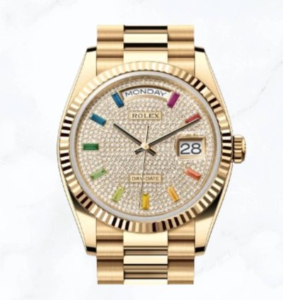 Rolex Day-date 36 Yellow Gold Rainbow Diamond Dial 128238 new Unworn