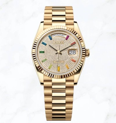 Rolex Day-date 36 Yellow Gold Rainbow Diamond Dial 128238 new Unworn