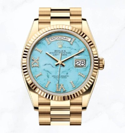Rolex Day-date 36 Yellow Gold Turquoise Diamond Dial 128238 new Unworn