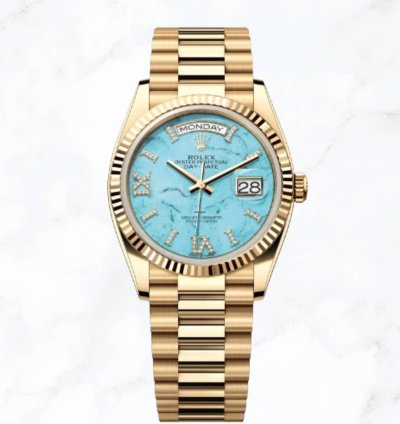 Rolex Day-date 36 Yellow Gold Turquoise Diamond Dial 128238 new Unworn