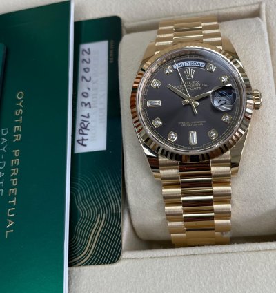 Rolex Day-date 36mm 128238-0022 Dark Grey Diamond Dial Yellow Gold Women Rhodium 128238 Mop