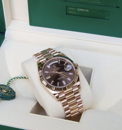Rolex Day-date 40 2023 40mm Day-date 18k Everose Chocolate Baguette Diamond Dial Unworn In Stock