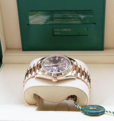 Rolex Day-date 40 2023 40mm Day-date 18k Everose Chocolate Baguette Diamond Dial Unworn In Stock
