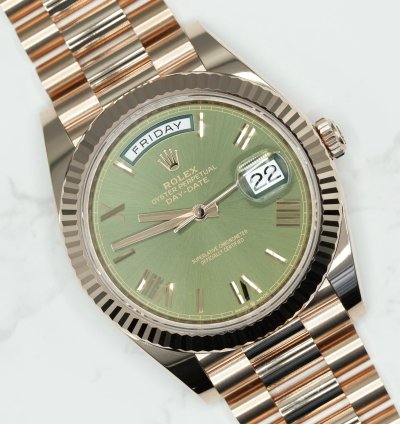 Rolex Day-date 40 2024 Rose Gold Day-date 40 Olive Green Dial Unworn Box And Papers 228235