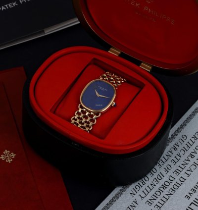 Patek Philippe Golden Ellipse Ultra Rare Golden Ellipse Ref 3848 901 Lapis Lazuli Dial 27mm 18k Yellow Gold Box And Papers 1980
