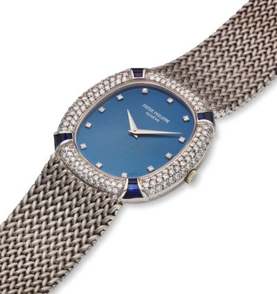 Patek Philippe Golden Ellipse White Gold Diamond And Sapphire Ellipse Bracelet Watch