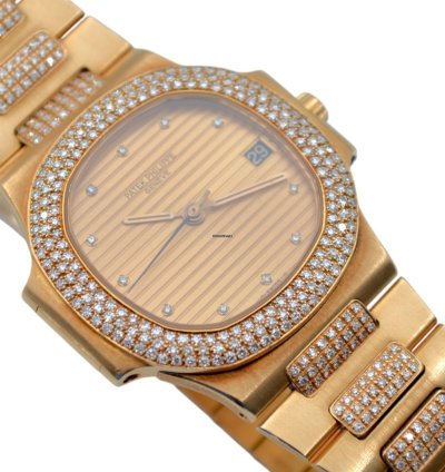 Patek Philippe Nautilus 37 5mm Yellow Gold Diamond Paved Vintage 1983 Ref 3800 5