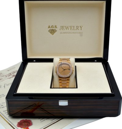 Patek Philippe Nautilus 37 5mm Yellow Gold Diamond Paved Vintage 1983 Ref 3800 5