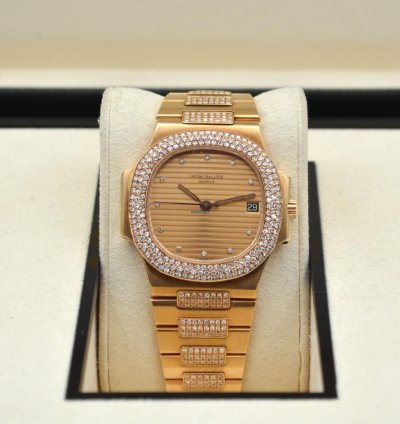 Patek Philippe Nautilus 37 5mm Yellow Gold Diamond Paved Vintage 1983 Ref 3800 5