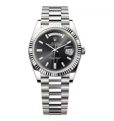 Rolex Day-date 40 228239-0005 White Gold Watch Fluted Bezel Black Baguette Diamond Dial President Bracelet 2024