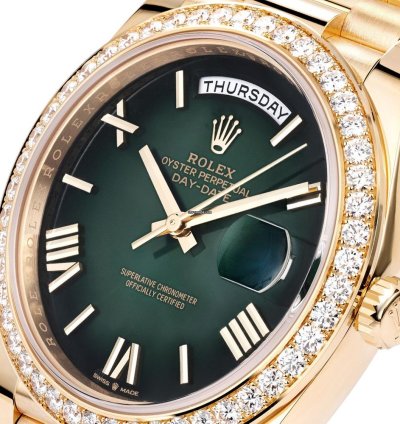 Rolex Day-date 40 228348rbr 18k Yellow Gold Diamond Bezel Green Roman Dial 40 Mm