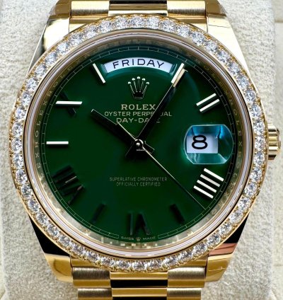 Rolex Day-date 40 228348rbr 40mm Yellow Gold Green Roman Dial Diamond Bezel Unworn 2024