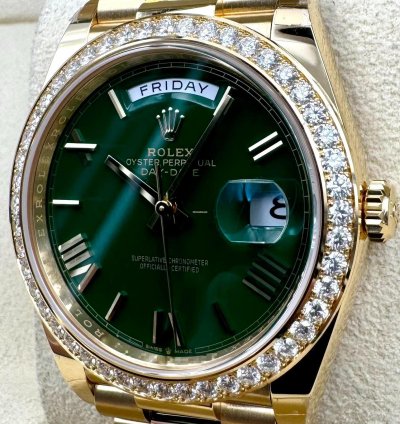 Rolex Day-date 40 228348rbr 40mm Yellow Gold Green Roman Dial Diamond Bezel Unworn 2024