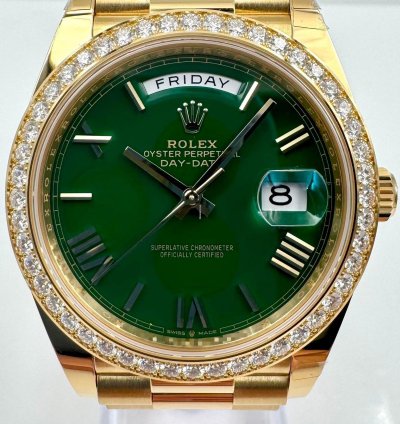 Rolex Day-date 40 228348rbr 40mm Yellow Gold Green Roman Dial Diamond Bezel Unworn 2024